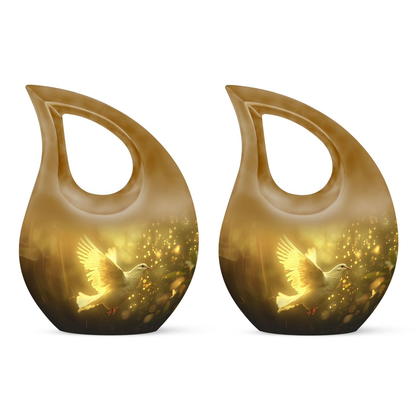 Bird Urn for Human Ashes, White Dove Through Golden Sparkling Light, Memorial Urn