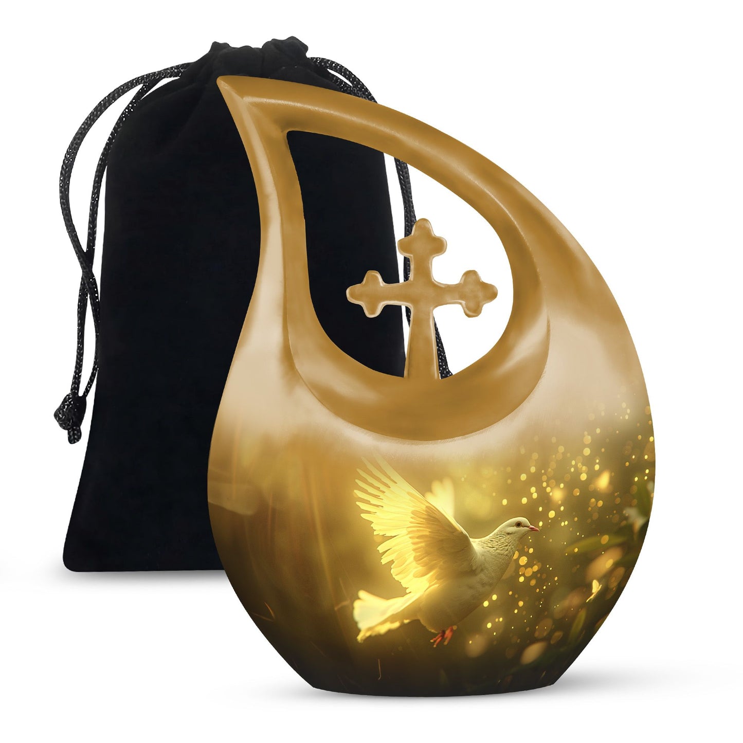 Bird Urn for Human Ashes, White Dove Through Golden Sparkling Light, Memorial Urn
