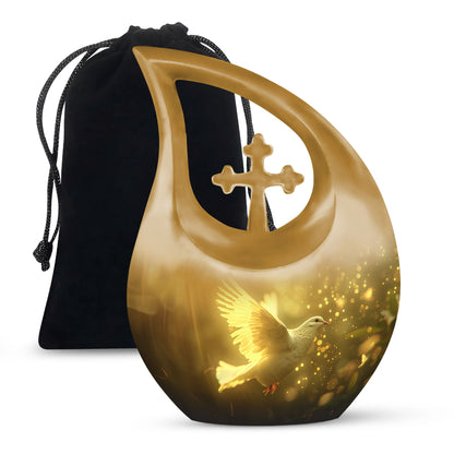 Bird Urn for Human Ashes, White Dove Through Golden Sparkling Light, Memorial Urn