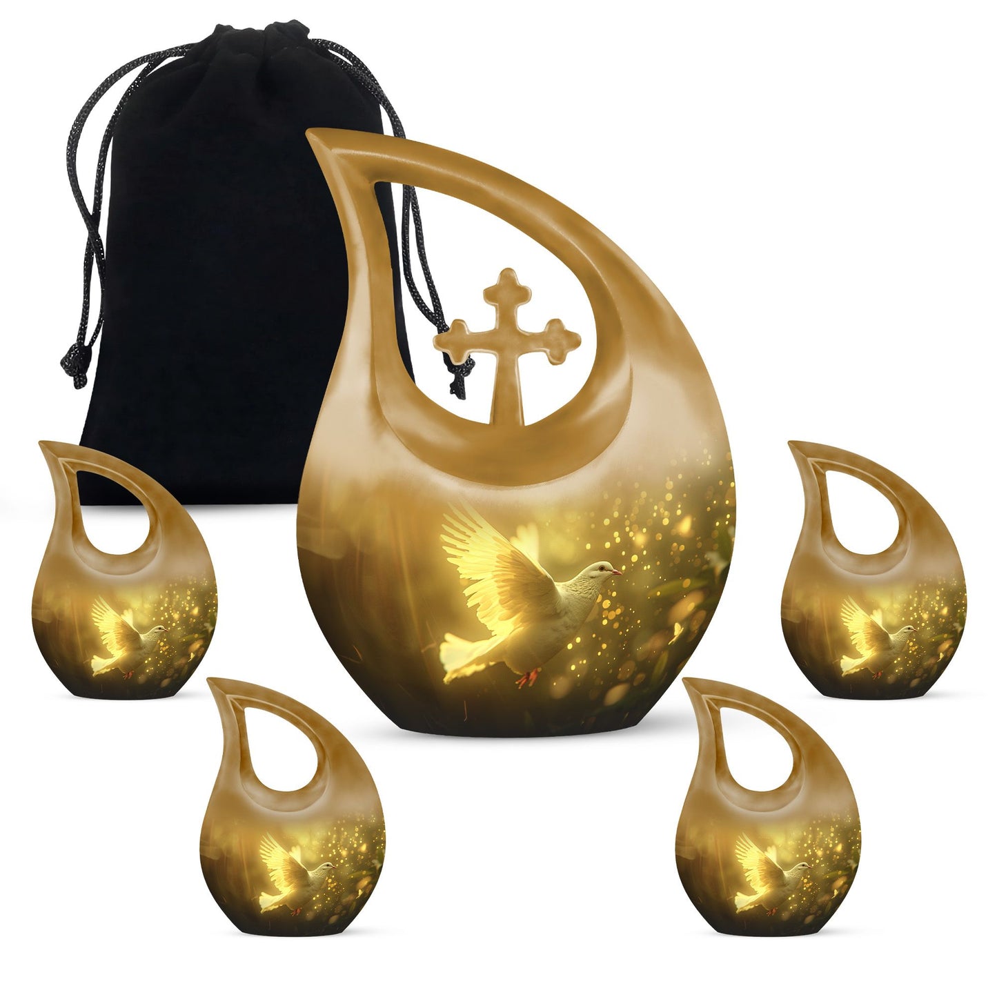 Bird Urn for Human Ashes, White Dove Through Golden Sparkling Light, Memorial Urn