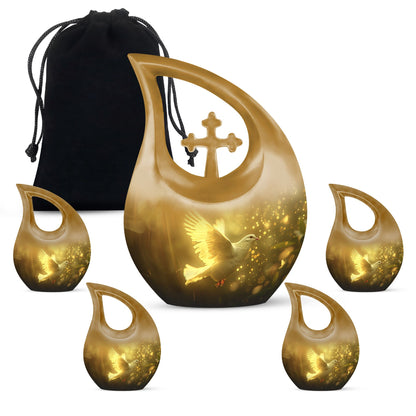 Bird Urn for Human Ashes, White Dove Through Golden Sparkling Light, Memorial Urn