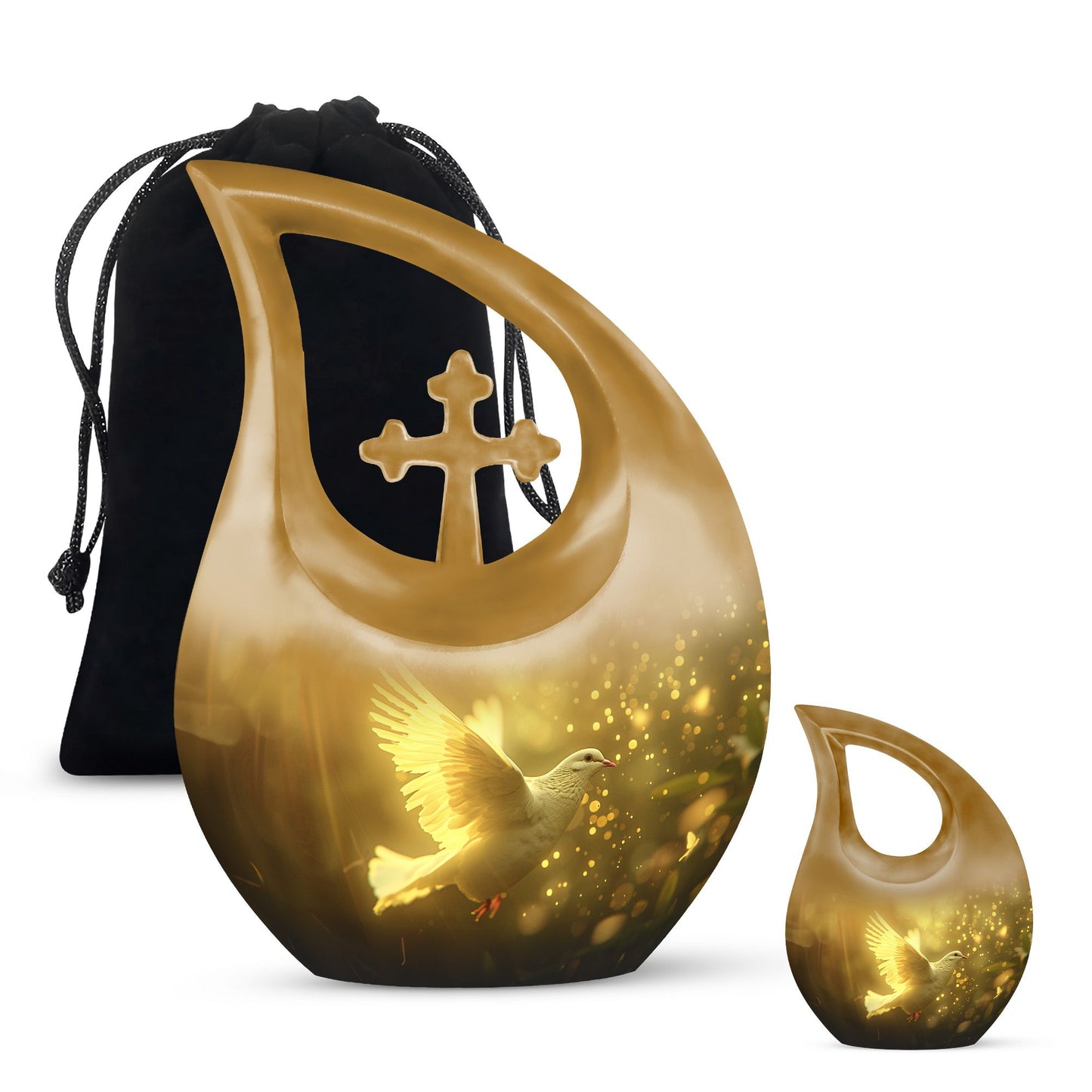 Bird Urn for Human Ashes, White Dove Through Golden Sparkling Light, Memorial Urn
