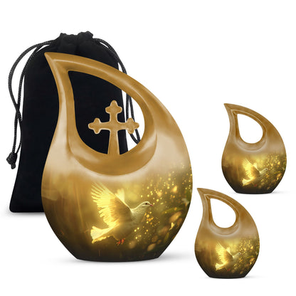 Bird Urn for Human Ashes, White Dove Through Golden Sparkling Light, Memorial Urn