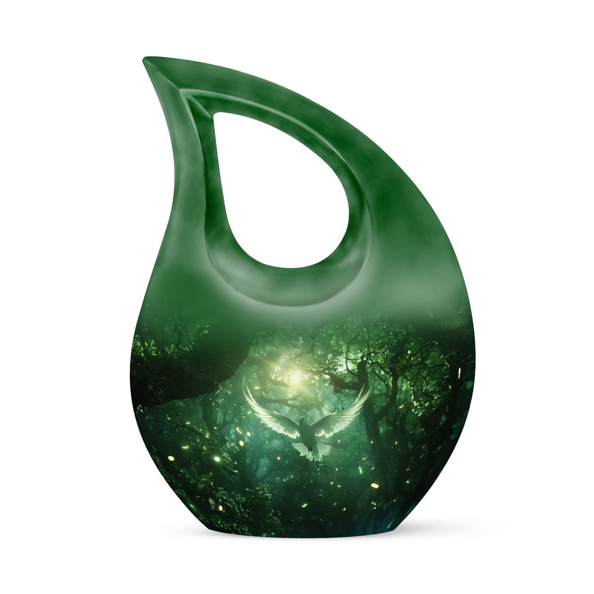 Bird Urn for Human Ashes, White Dove Through Glowing Forest, Green Memorial Urn