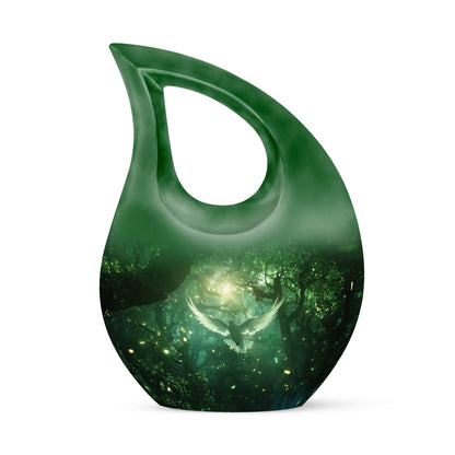 Bird Urn for Human Ashes, White Dove Through Glowing Forest, Green Memorial Urn