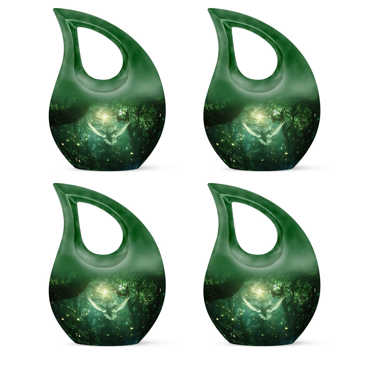 Bird Urn for Human Ashes, White Dove Through Glowing Forest, Green Memorial Urn