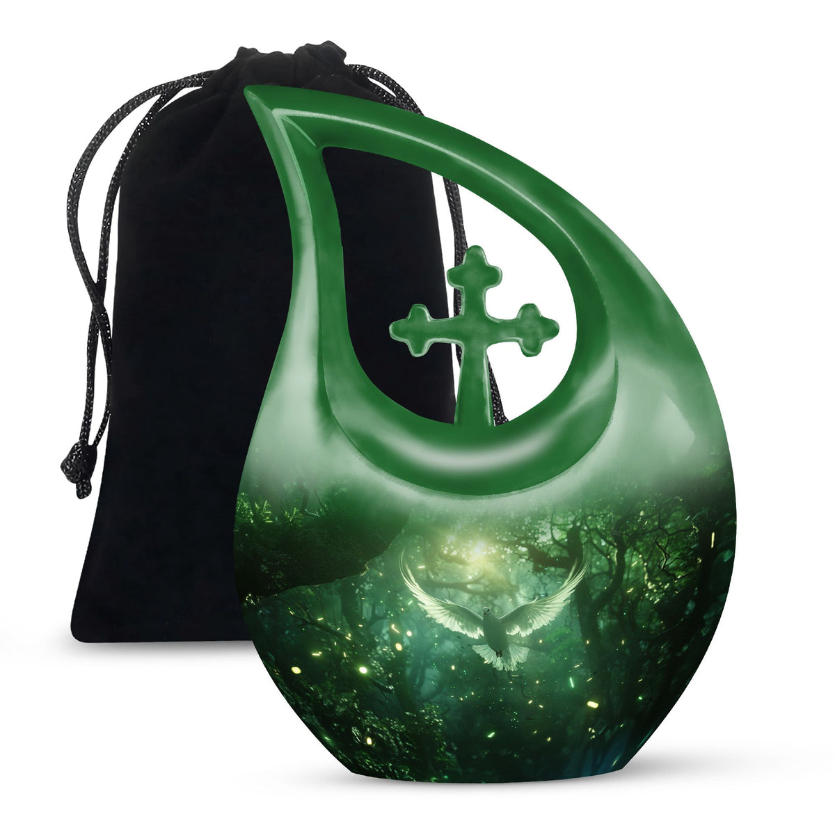 Bird Urn for Human Ashes, White Dove Through Glowing Forest, Green Memorial Urn