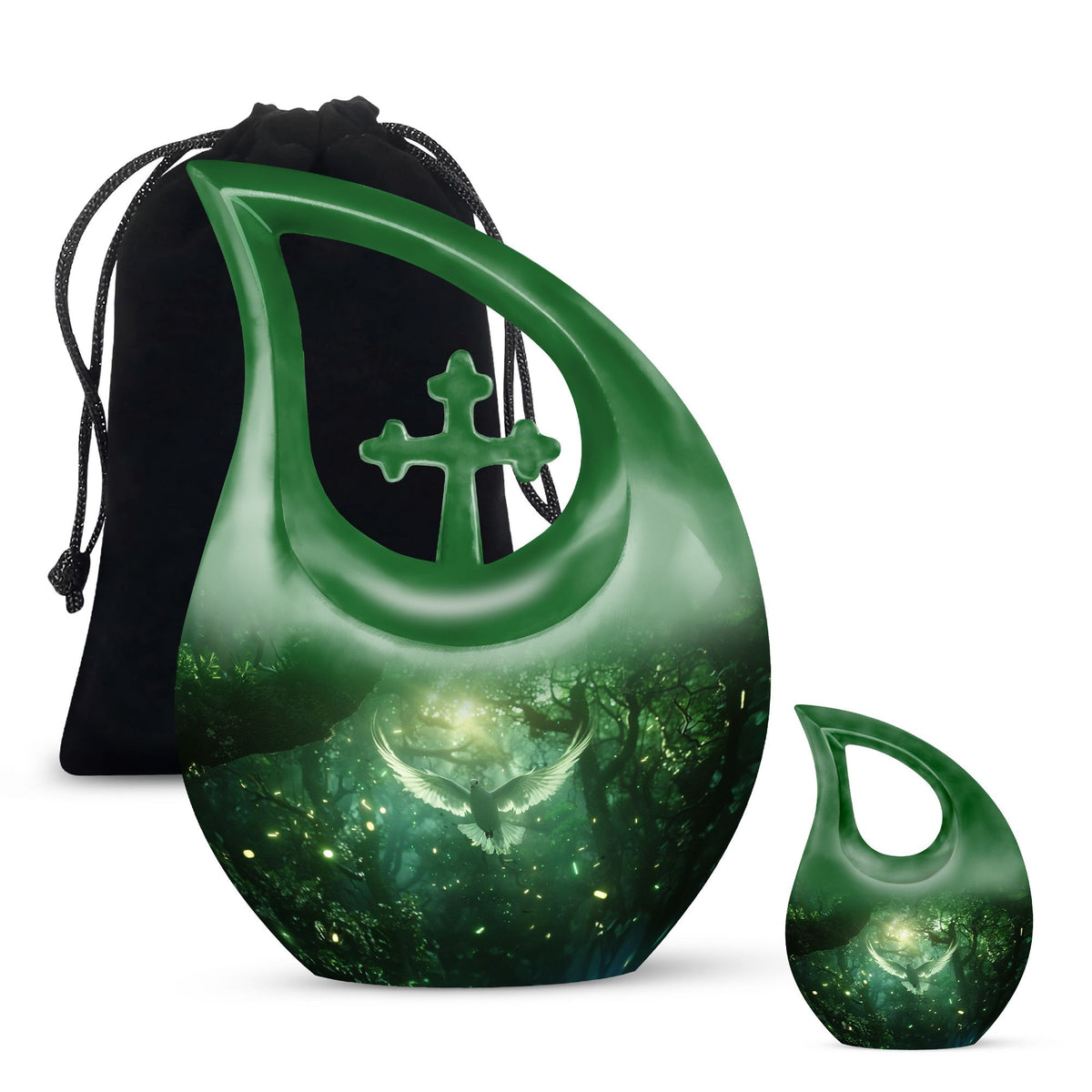 Bird Urn for Human Ashes, White Dove Through Glowing Forest, Green Memorial Urn