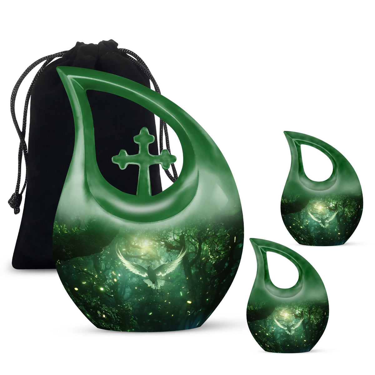 Bird Urn for Human Ashes, White Dove Through Glowing Forest, Green Memorial Urn