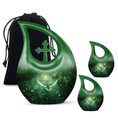Bird Urn for Human Ashes, White Dove Through Glowing Forest, Green Memorial Urn