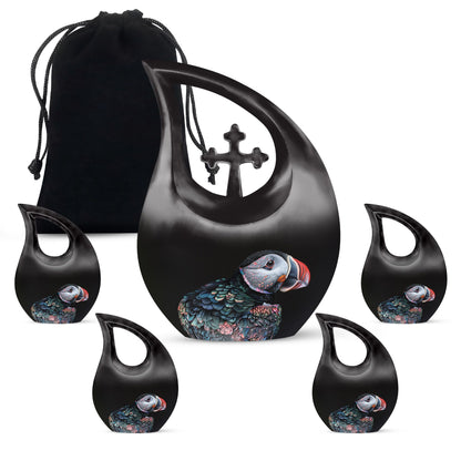 10-inch Puffin Bird Themed Cross Drop Cremation Monument Urn