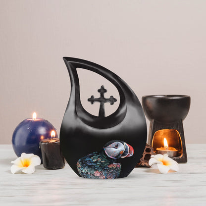 10-inch Puffin Bird Themed Cross Drop Cremation Monument Urn