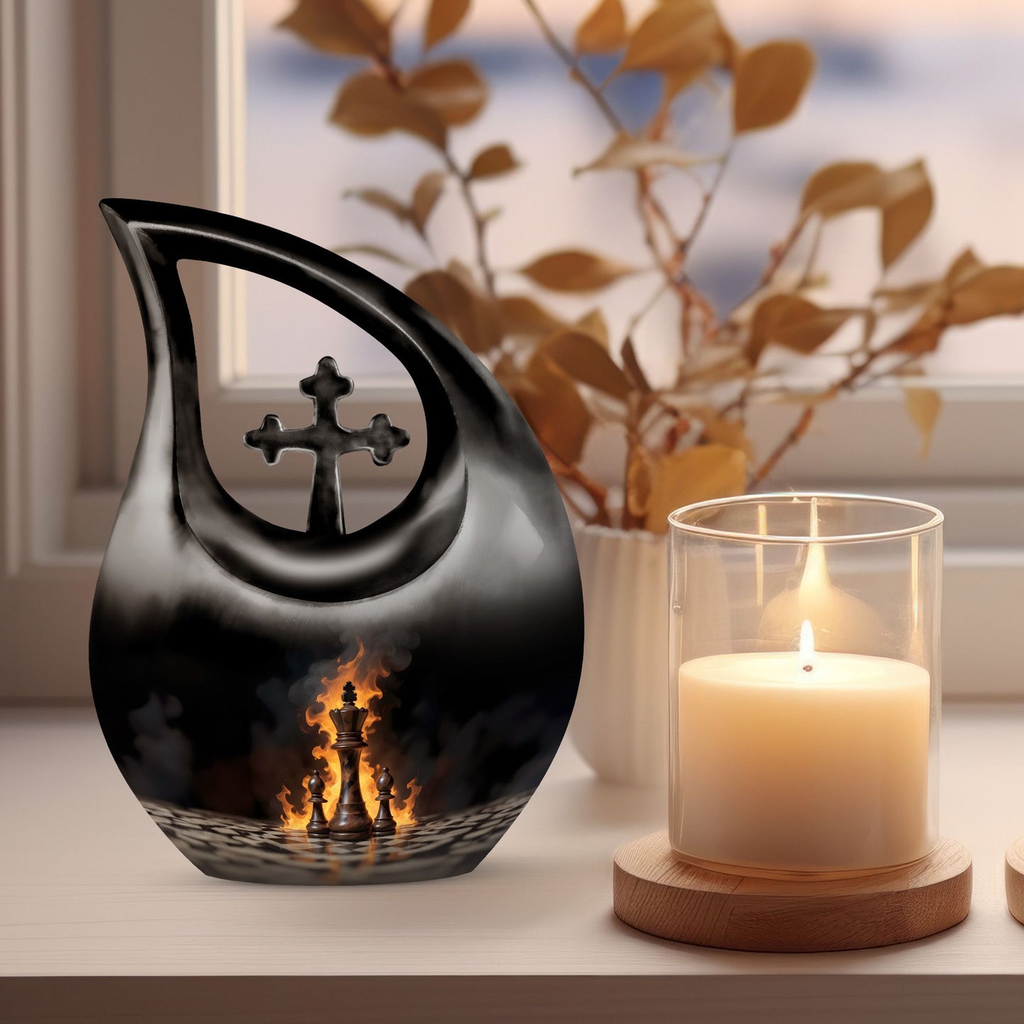 Chess Themed Aluminium Cross Drop Memorial Urn 