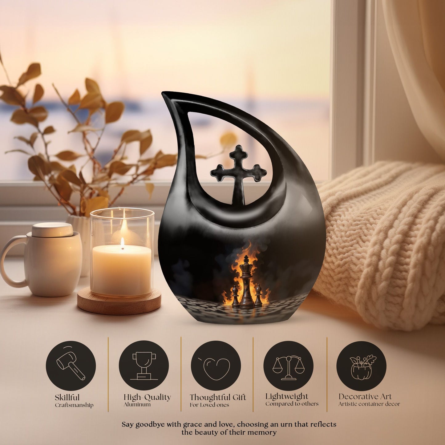 Chess Themed Aluminium Cross Drop Memorial Urn 