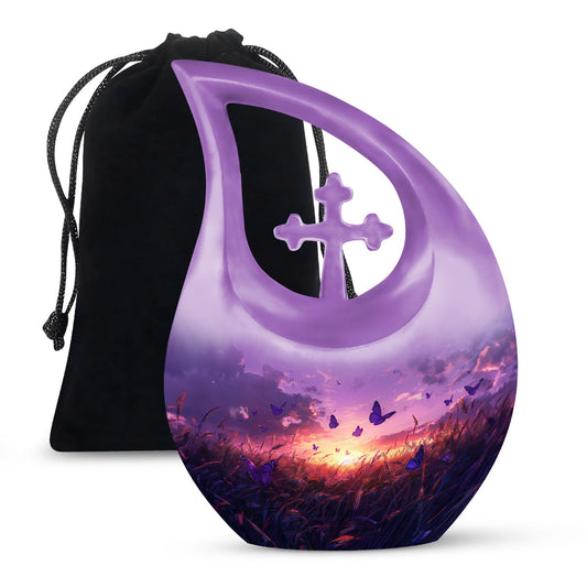 10-inch Purple Meadow Cross Drop Design Urn 
