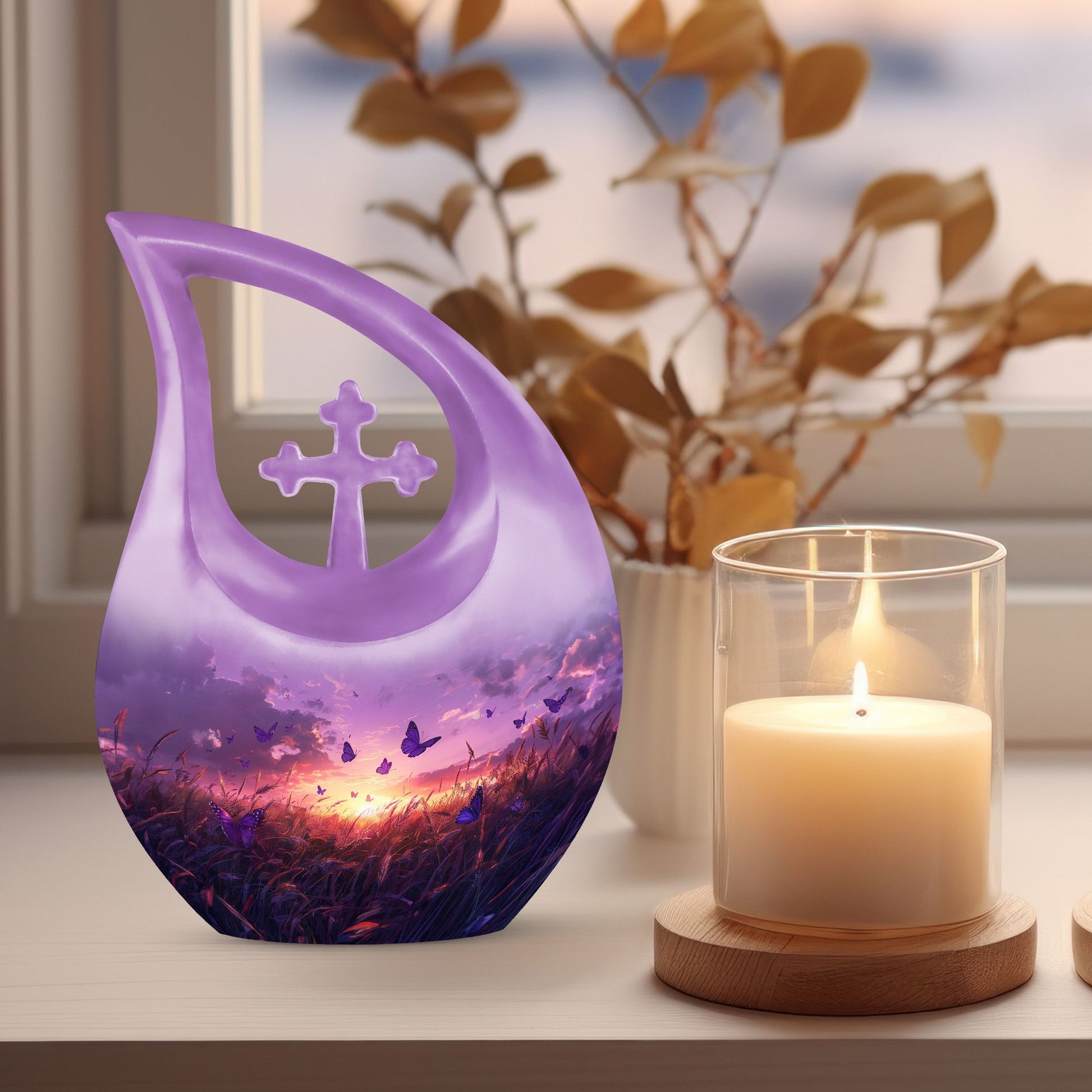 10-inch Purple Meadow Cross Drop Design Urn 