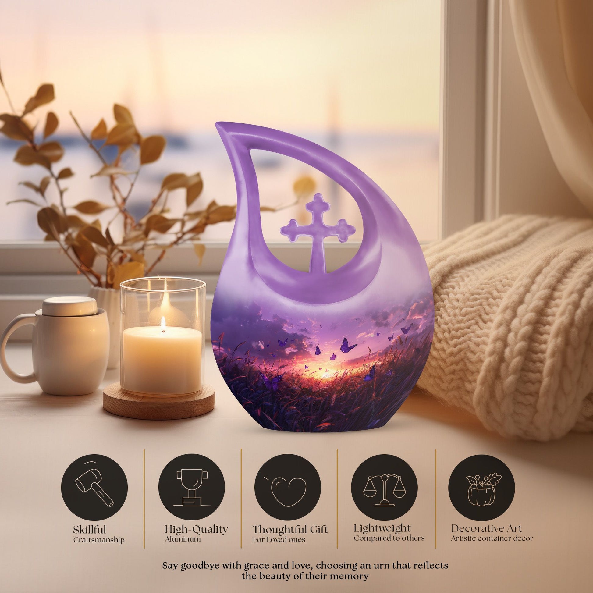 10-inch Purple Meadow Cross Drop Design Urn 