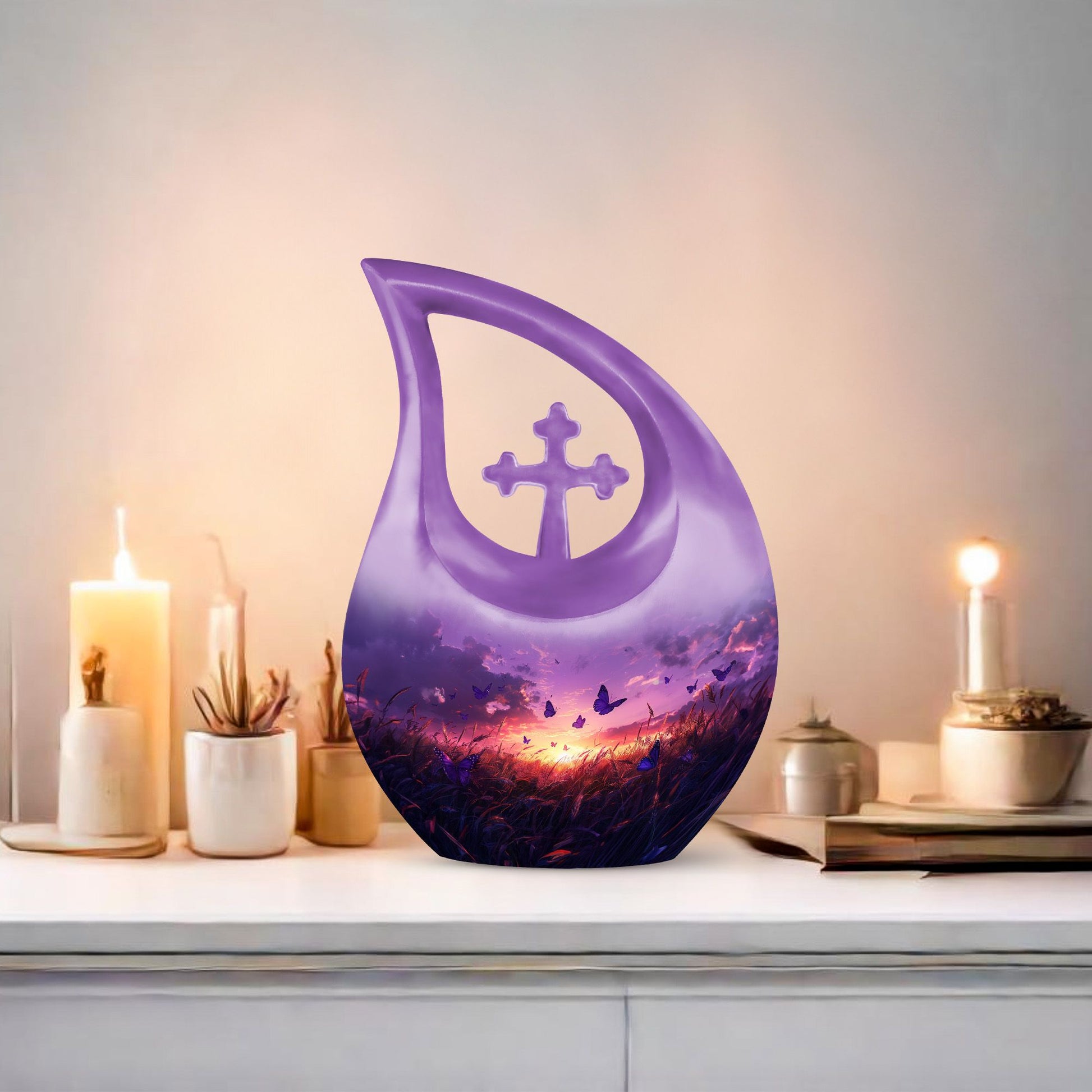 10-inch Purple Meadow Cross Drop Design Urn 