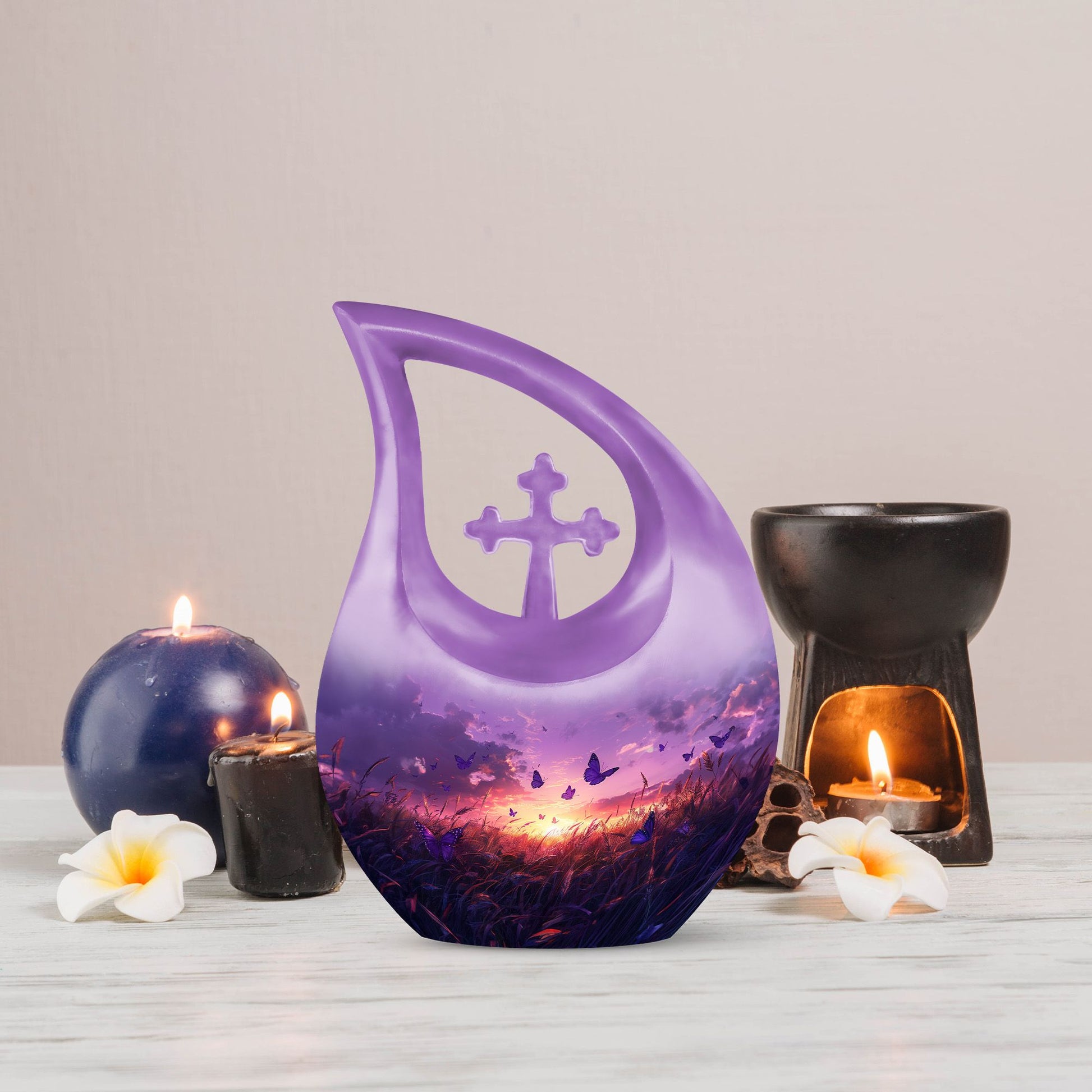 10-inch Purple Meadow Cross Drop Design Urn 