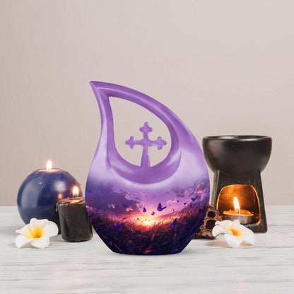 10-inch Purple Meadow Cross Drop Design Urn 