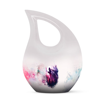 Wolf Urn for Human Ashes, White Watercolor Howling at the Moon, Classic Urn