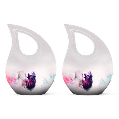 Wolf Urn for Human Ashes, White Watercolor Howling at the Moon, Classic Urn
