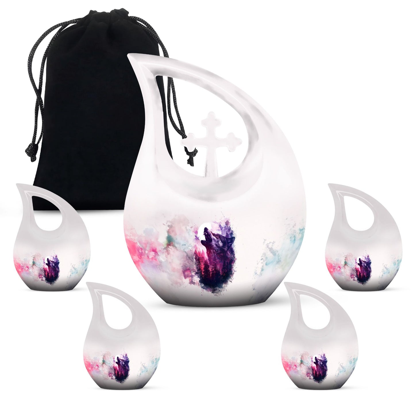 Wolf Urn for Human Ashes, White Watercolor Howling at the Moon, Classic Urn