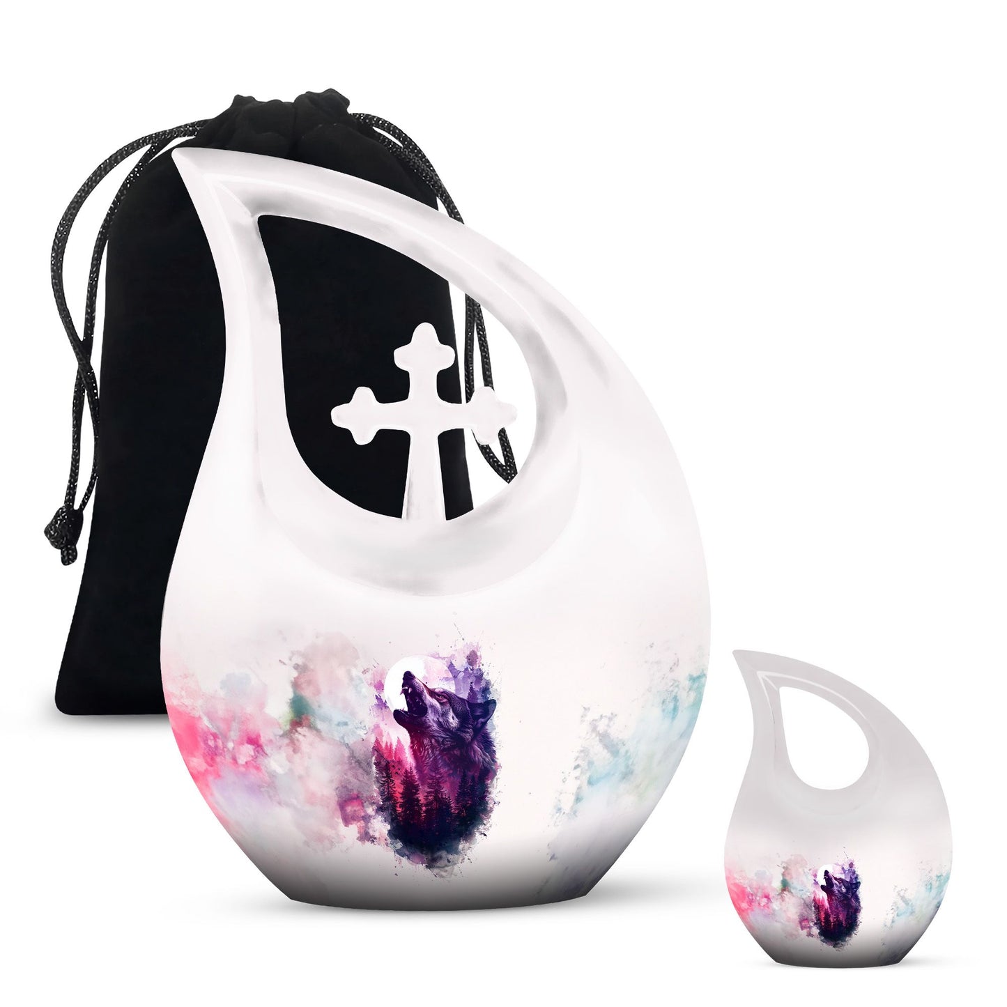 Wolf Urn for Human Ashes, White Watercolor Howling at the Moon, Classic Urn