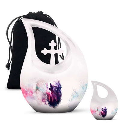 Wolf Urn for Human Ashes, White Watercolor Howling at the Moon, Classic Urn