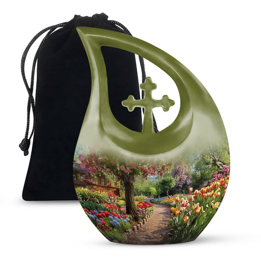 Flowers themed Cross Drop 10-inch Modern Urn 