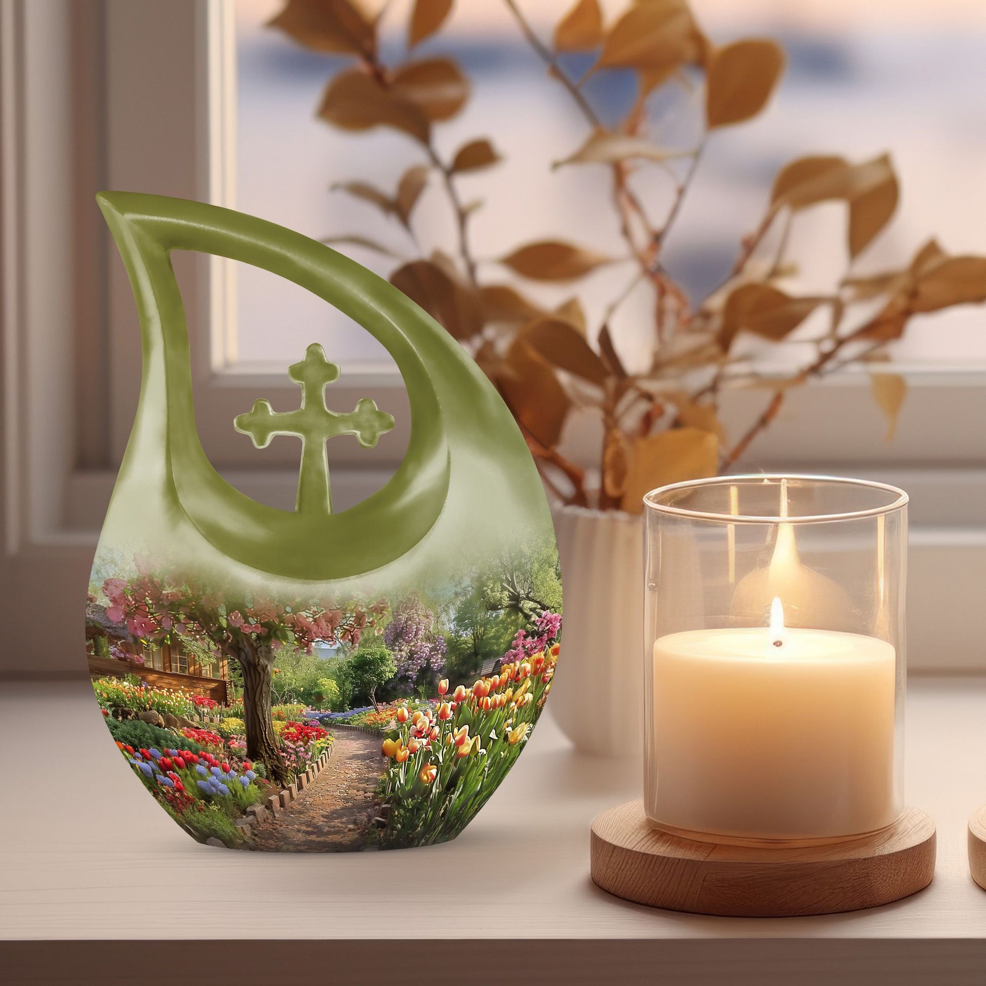 Flowers themed Cross Drop 10-inch Modern Urn 