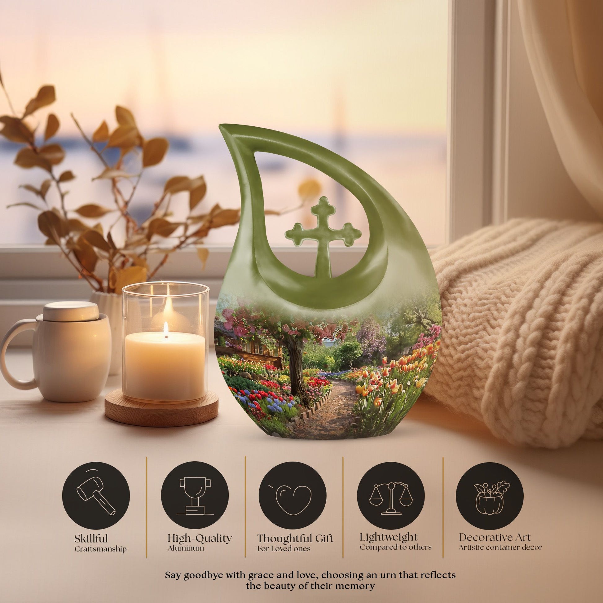 Flowers themed Cross Drop 10-inch Modern Urn 