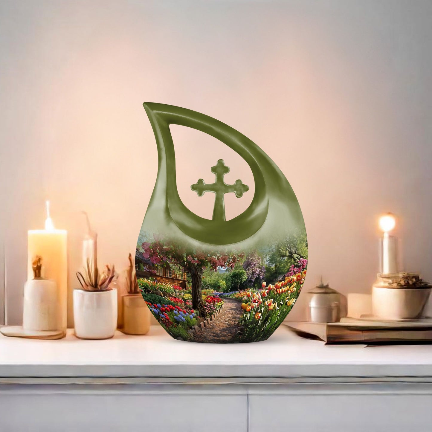 Flowers themed Cross Drop 10-inch Modern Urn 