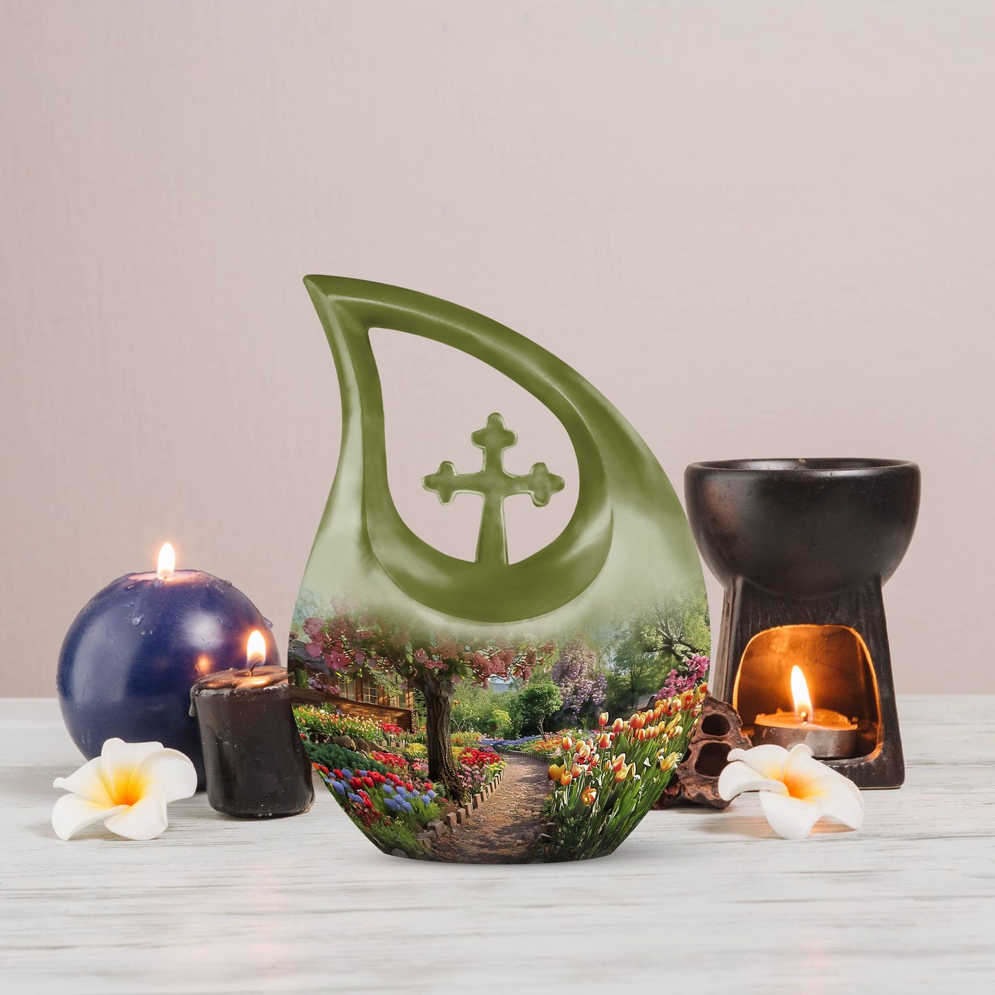 Flowers themed Cross Drop 10-inch Modern Urn 