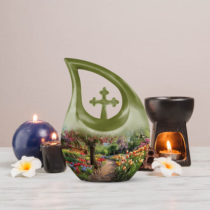 Flowers themed Cross Drop 10-inch Modern Urn 