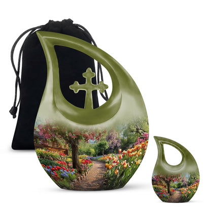 Flowers themed Cross Drop 10-inch Modern Urn 