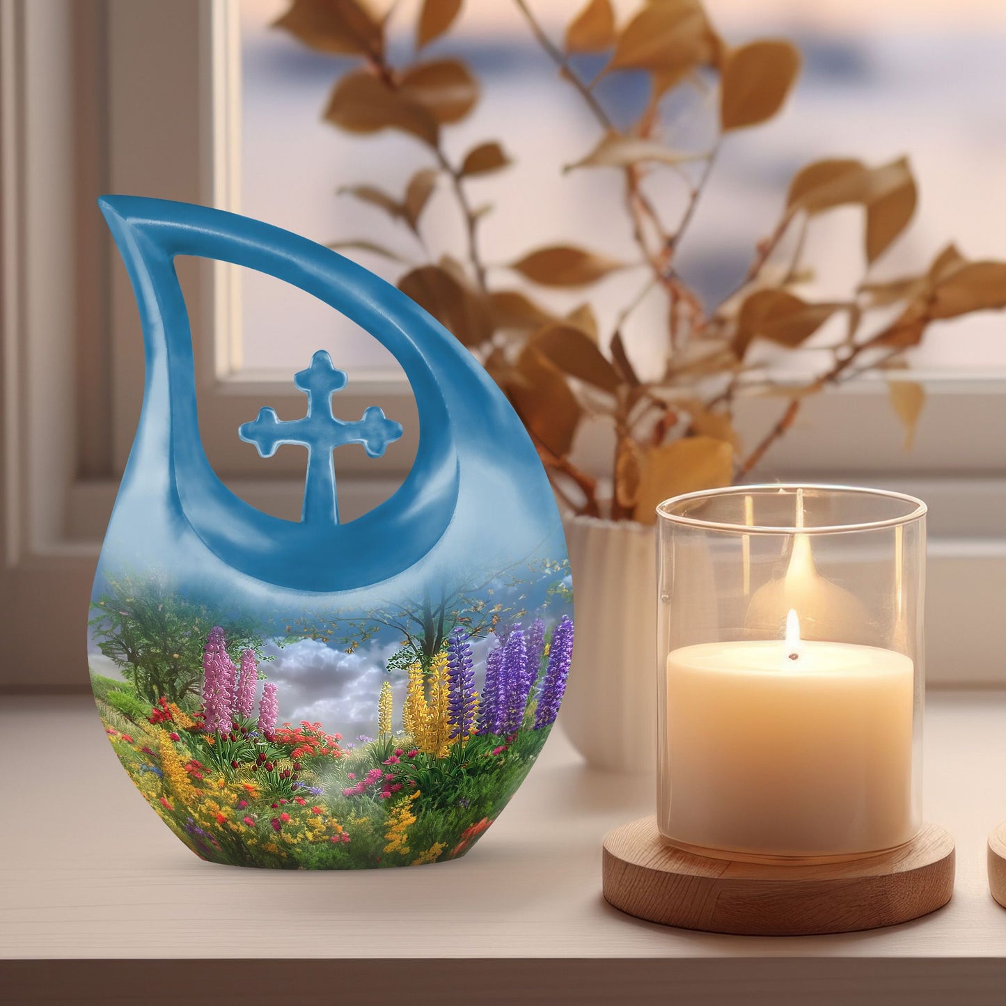 Flower-themed Cross Drop, Large Modern Mom Urn