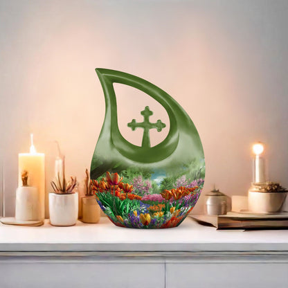 10-inch Flower-Themed Cross Drop Memorial Urn,
