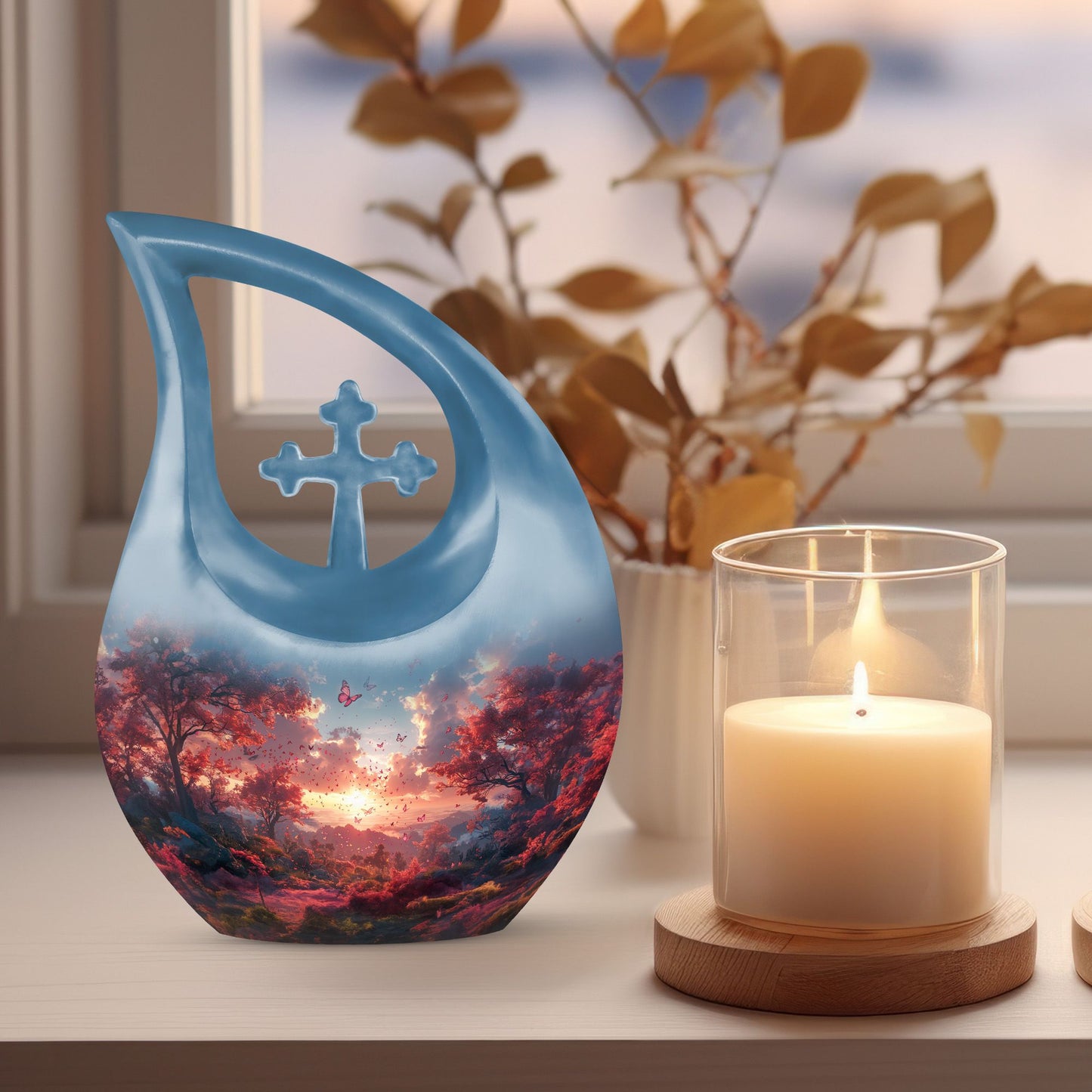 Pink Butterfly Cross Drop 10 inch urn
