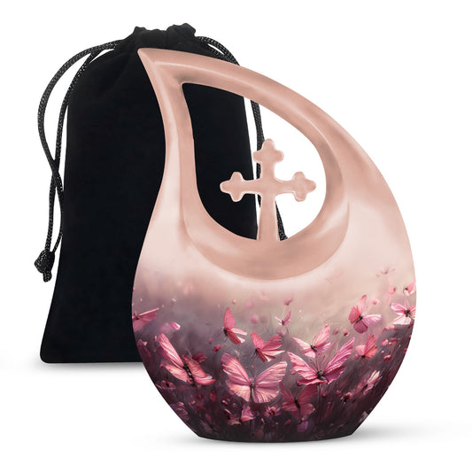 Pink Butterfly Cross Drop 10-Inch Large Urn