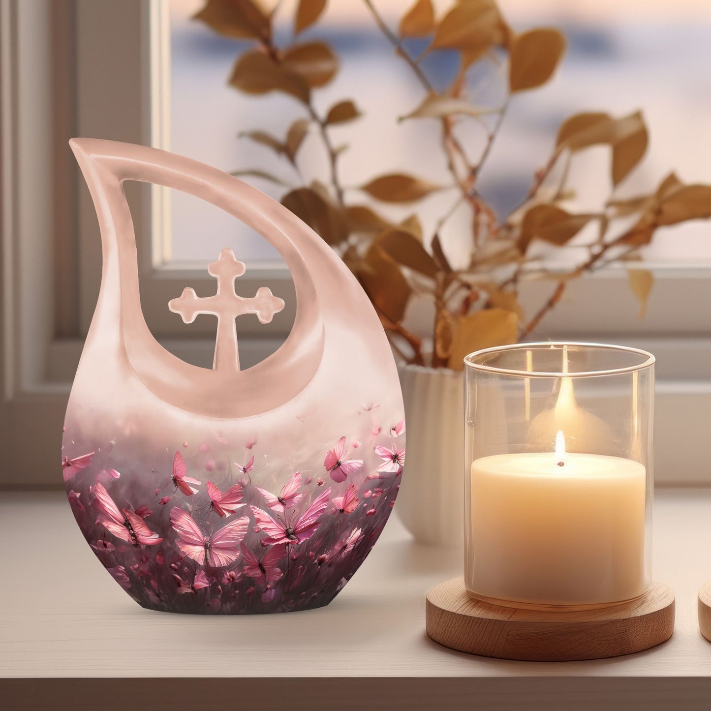 Pink Butterfly Cross Drop 10-Inch Large Urn