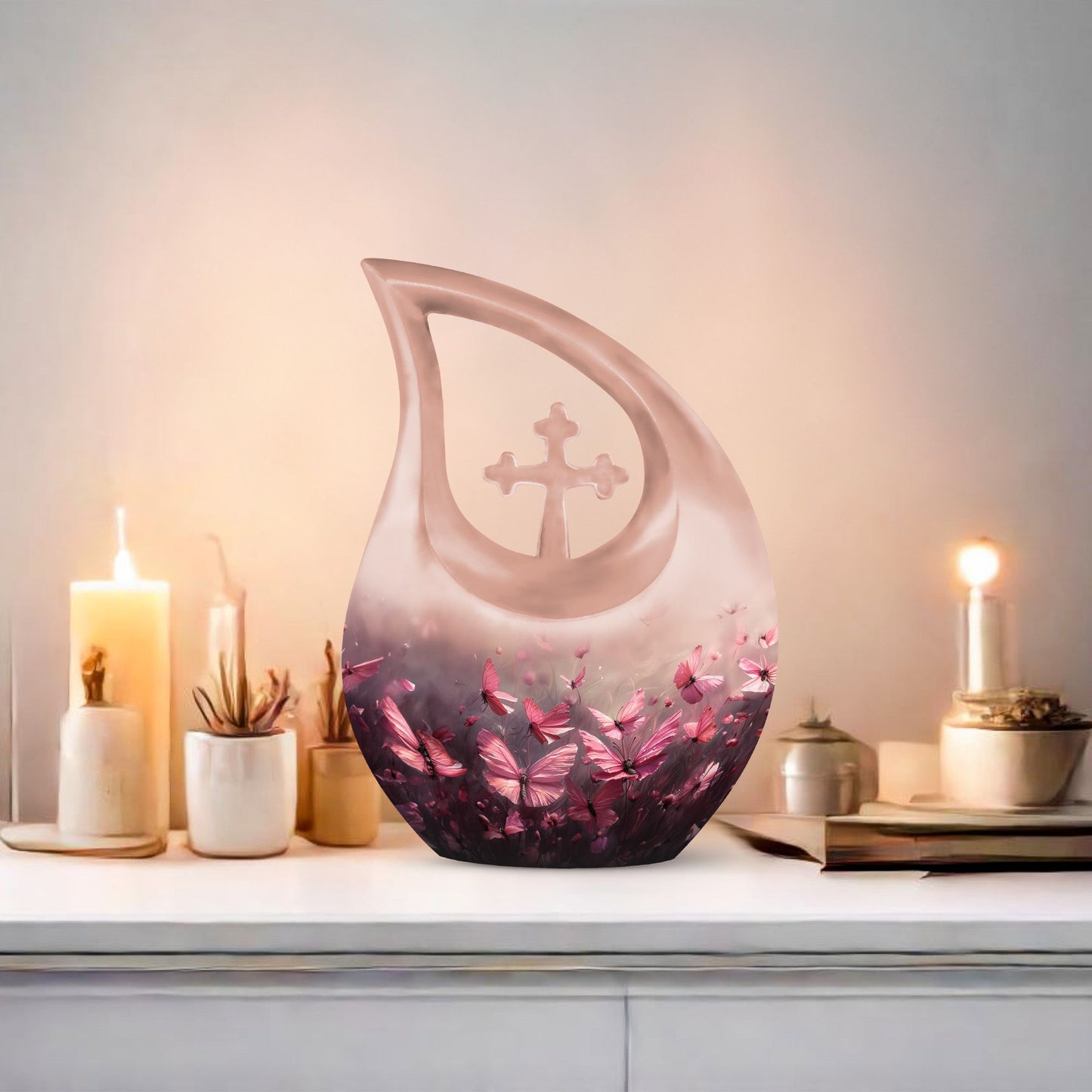 Pink Butterfly Cross Drop 10-Inch Large Urn