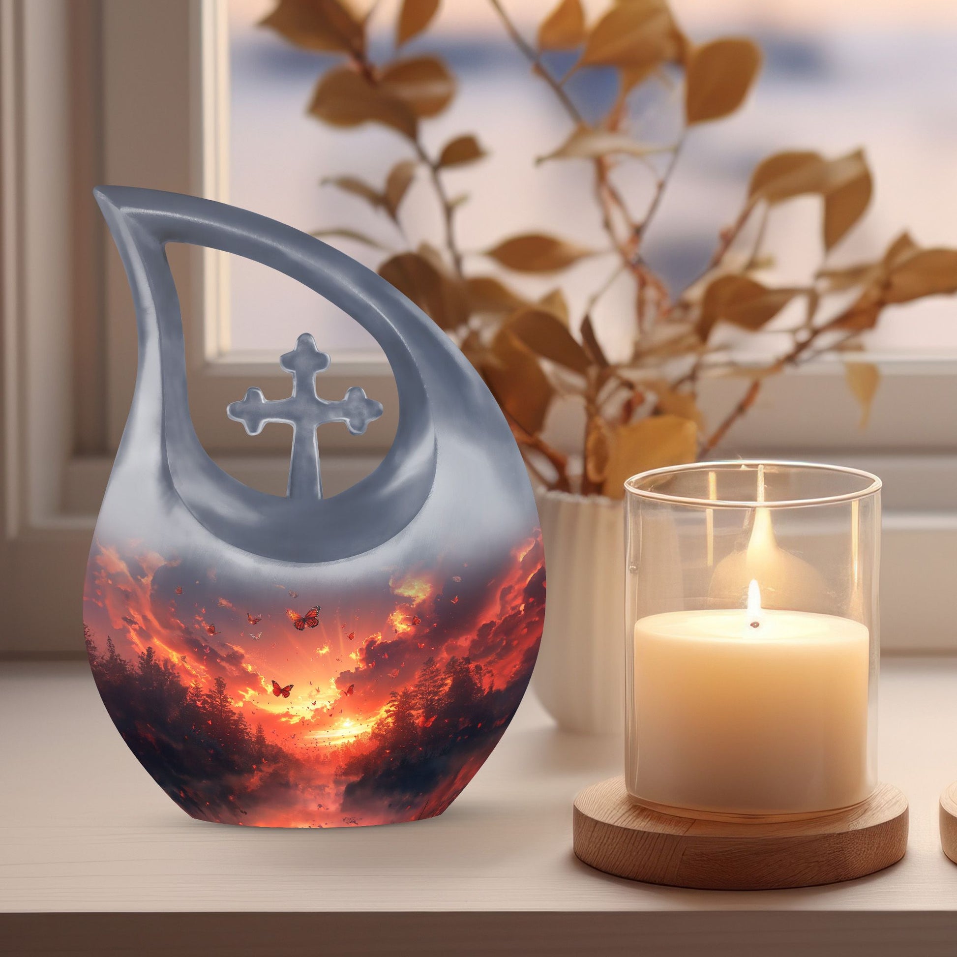 Pink Butterfly Cross Drop Memorial Urn