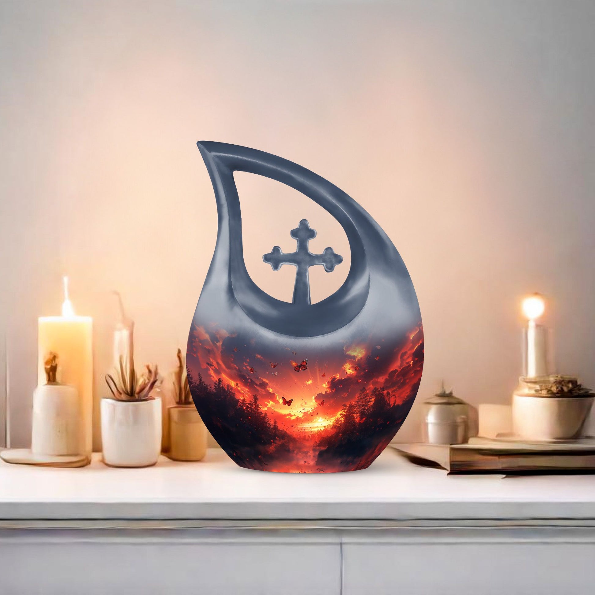 Pink Butterfly Cross Drop Memorial Urn