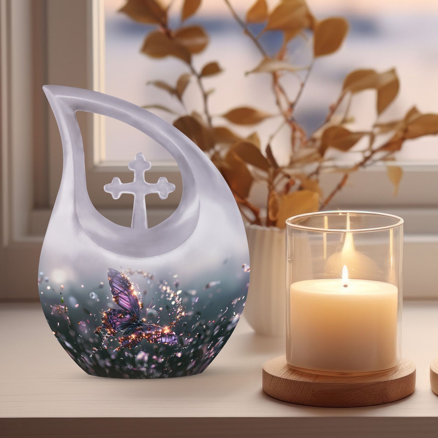 purple butterfly cross drop garden urn