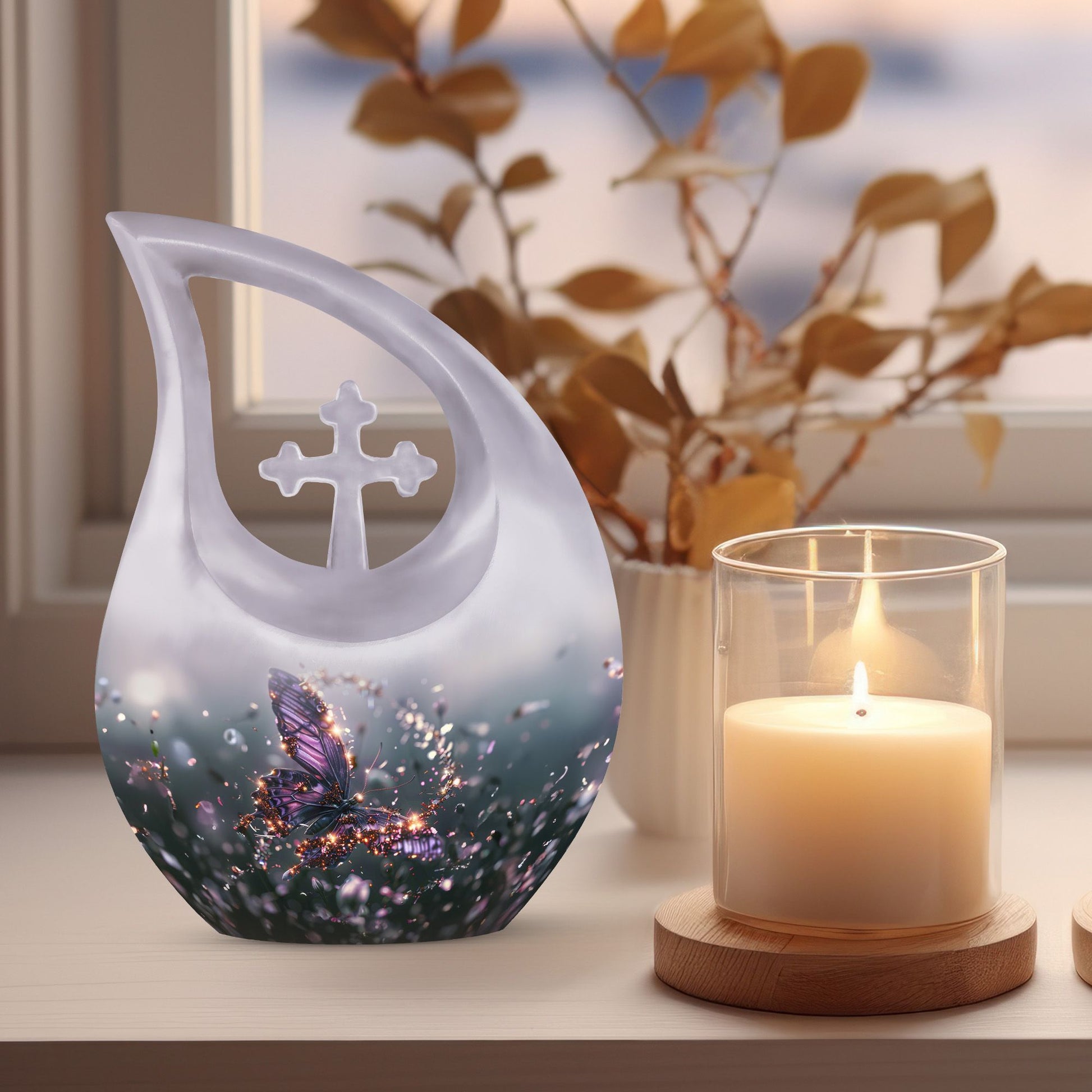 purple butterfly cross drop garden urn