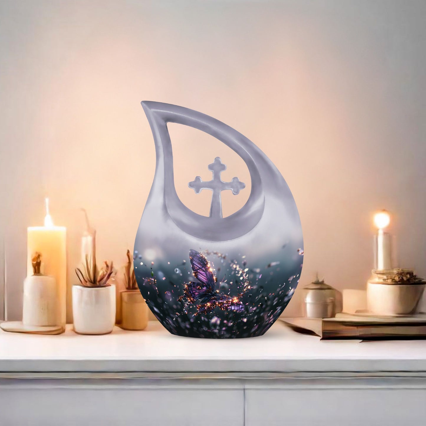 purple butterfly cross drop garden urn
