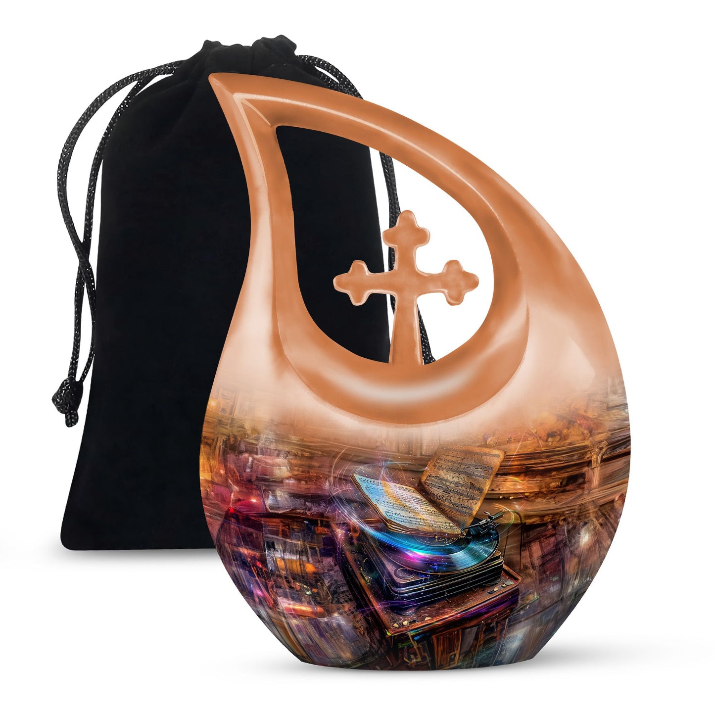10-inch Gramophone-themed Cross Drop affordable burial urn 