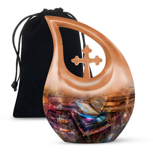10-inch Gramophone-themed Cross Drop affordable burial urn 