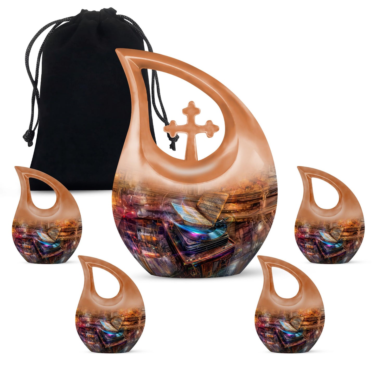 10-inch Gramophone-themed Cross Drop affordable burial urn 